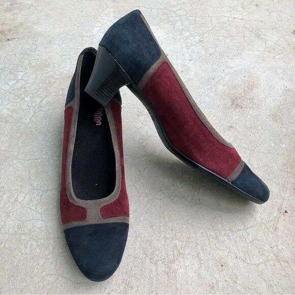 Munro Suede Pumps Heels Shoes Color-blocked Navy Blue Maroon 12N 12 Narrow - Picture 6 of 8